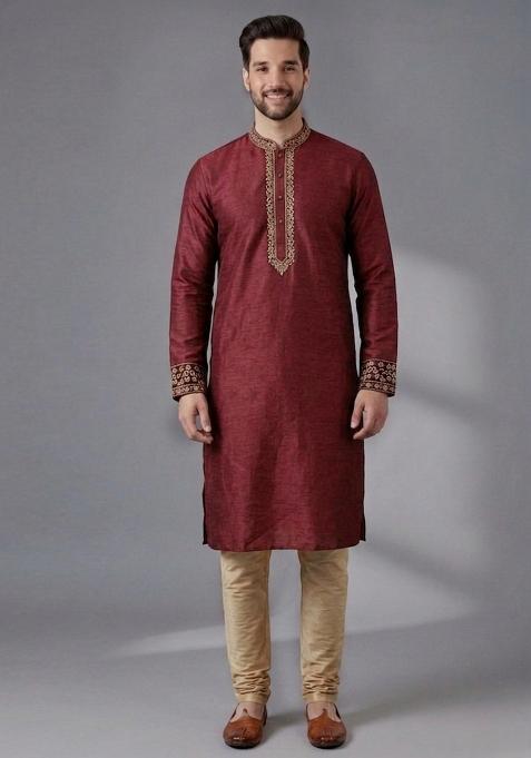 Maroon Embroidered Dupion Pyjama Set For Men