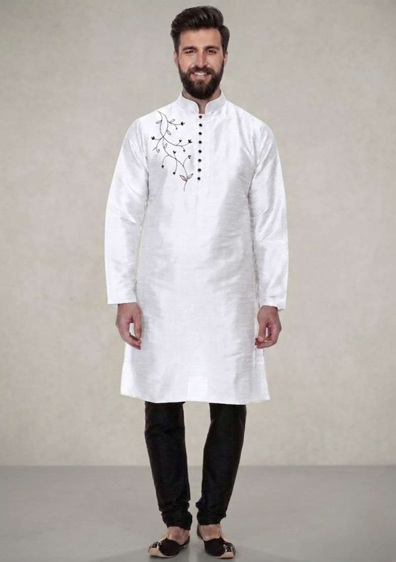 White Embroidered Dupion Pyjama Set For Men - Indya