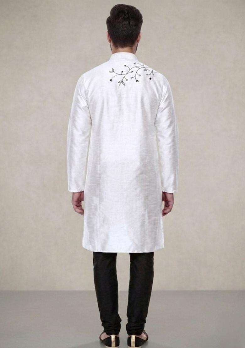 White Embroidered Dupion Pyjama Set For Men - Indya