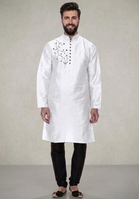 White Embroidered Dupion Pyjama Set For Men