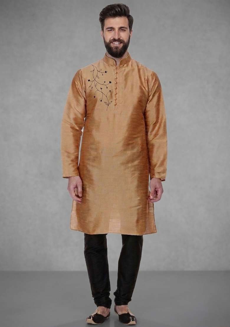 Black Embroidered Dupion Pyjama Set For Men - Indya