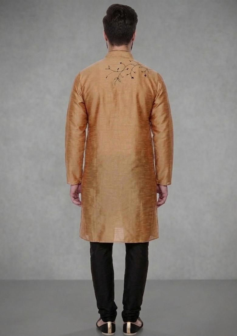 Black Embroidered Dupion Pyjama Set For Men - Indya