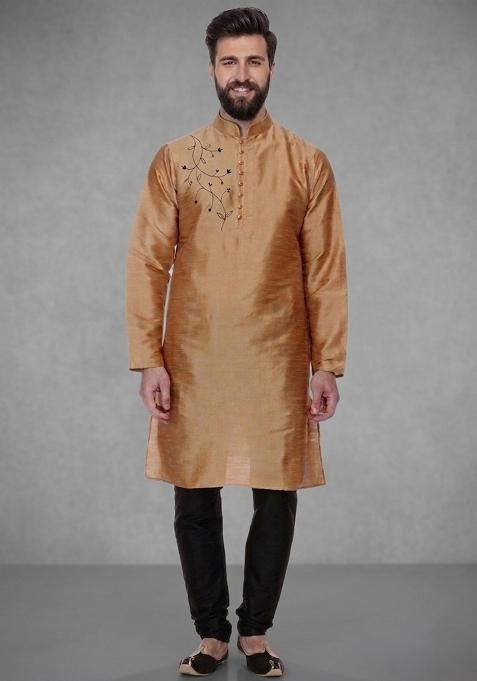Black Embroidered Dupion Pyjama Set For Men