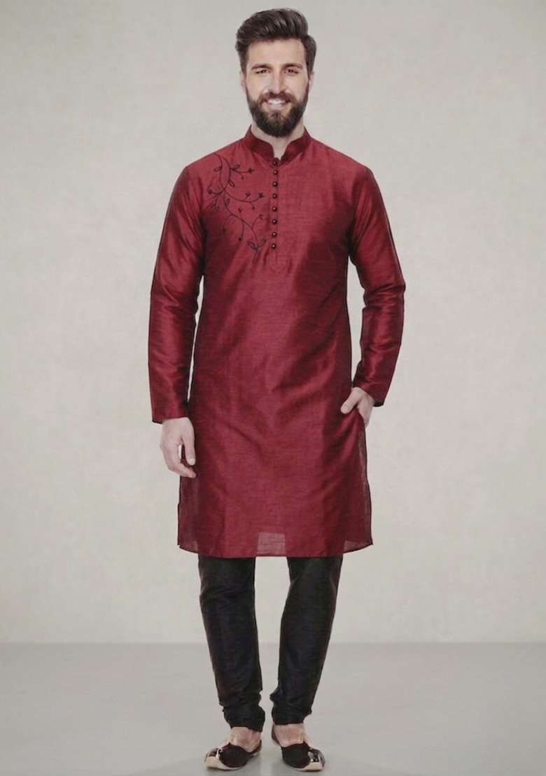 Maroon Embroidered Dupion Pyjama Set For Men - Indya
