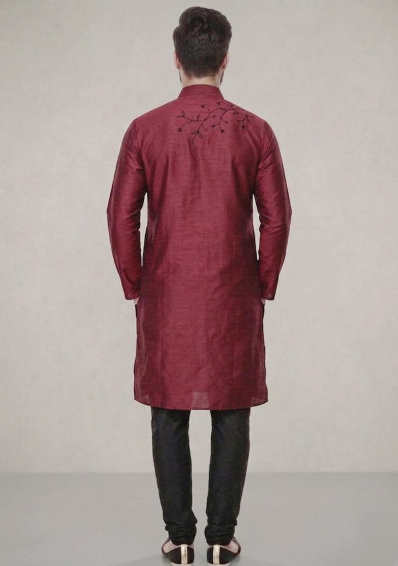 Maroon Embroidered Dupion Pyjama Set For Men - Indya