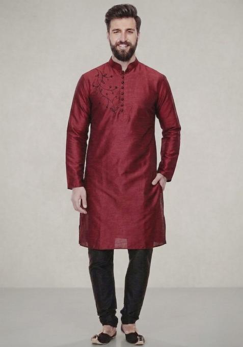 Maroon Embroidered Dupion Pyjama Set For Men