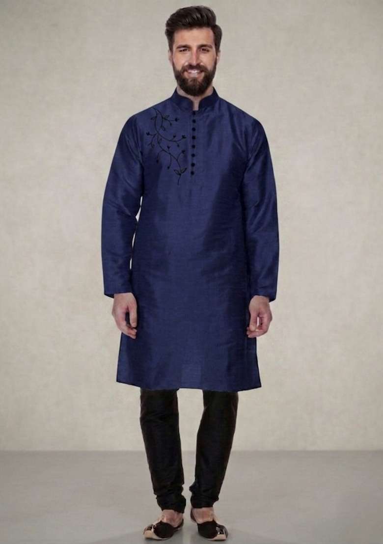 Blue Embroidered Dupion Pyjama Set For Men - Indya