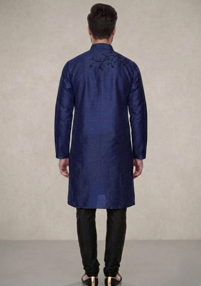 Blue Embroidered Dupion Pyjama Set For Men - Indya