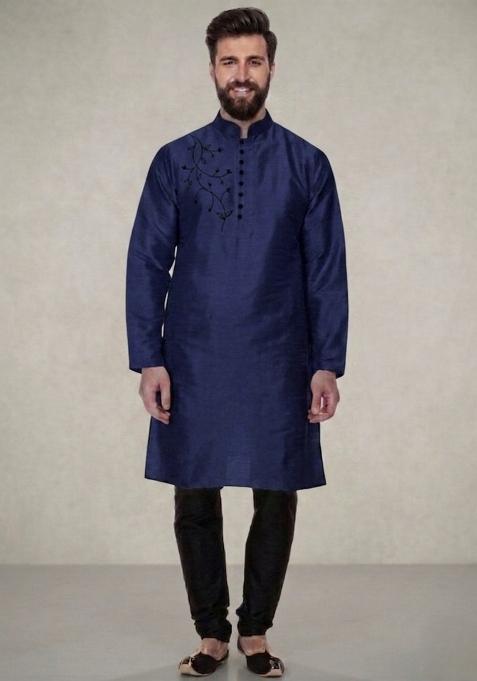Blue Embroidered Dupion Pyjama Set For Men