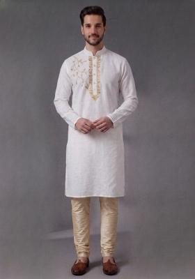 White Embroidered Dupion Pyjama Set For Men