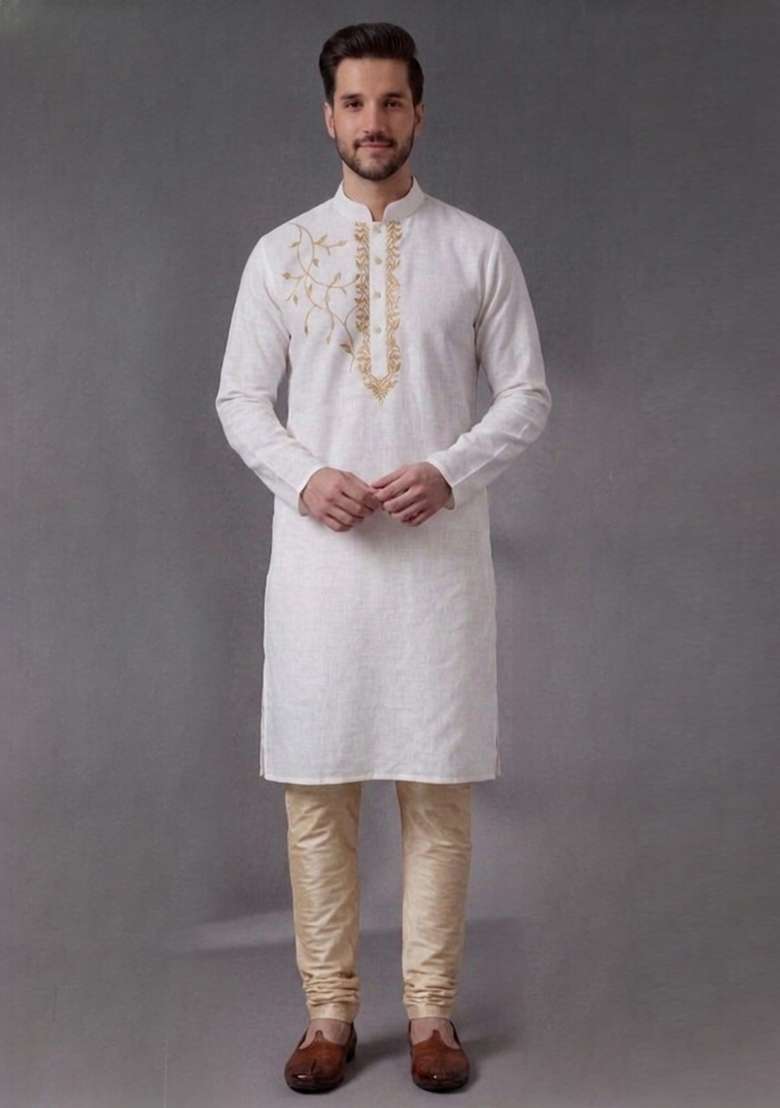 White Embroidered Dupion Pyjama Set For Men - Indya