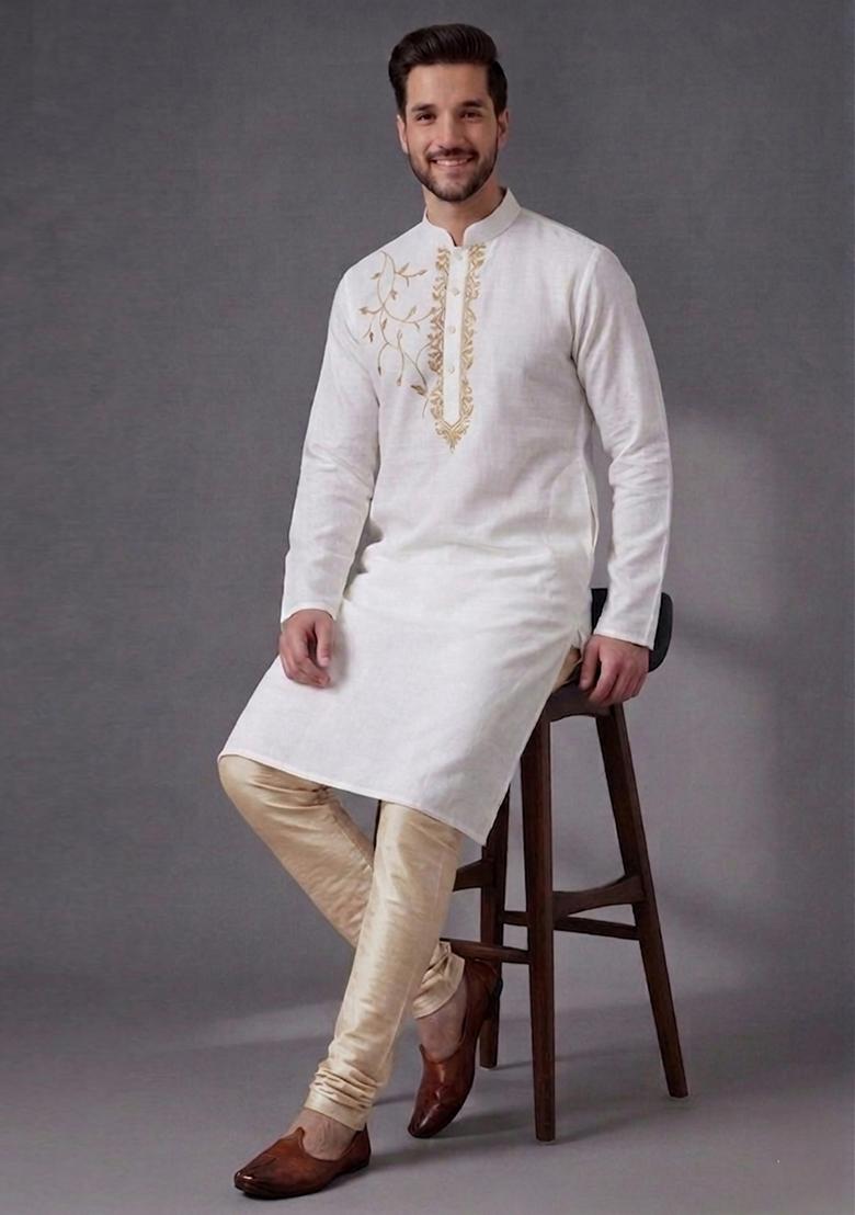 White Embroidered Dupion Pyjama Set For Men - Indya
