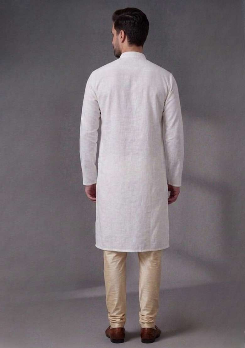 White Embroidered Dupion Pyjama Set For Men - Indya