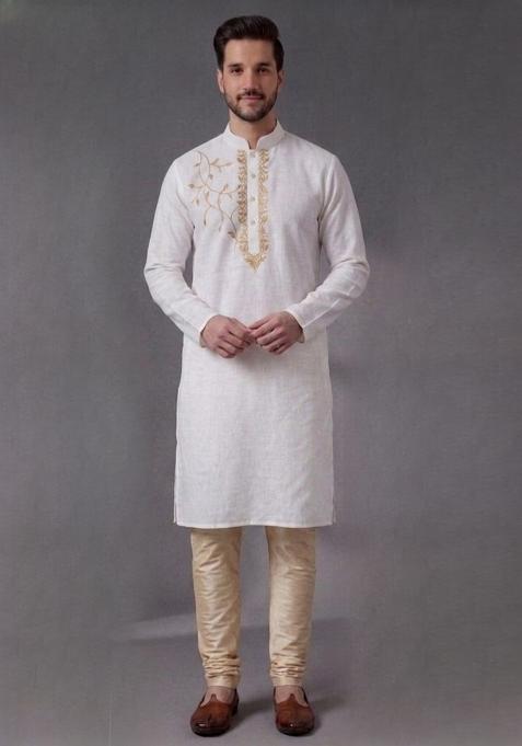 White Embroidered Dupion Pyjama Set For Men