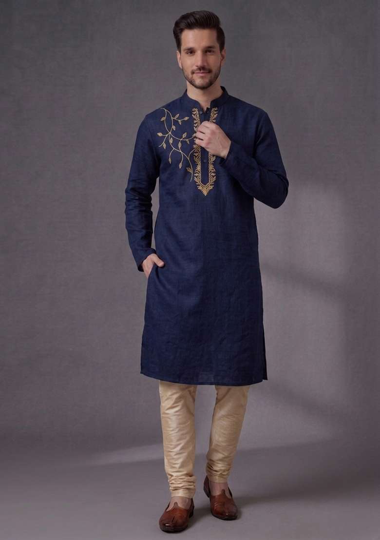 Blue Embroidered Dupion Pyjama Set For Men - Indya