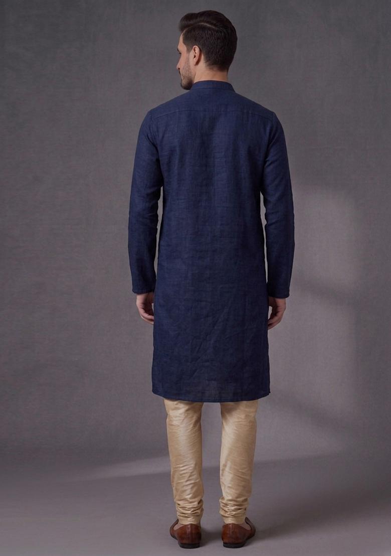 Blue Embroidered Dupion Pyjama Set For Men - Indya