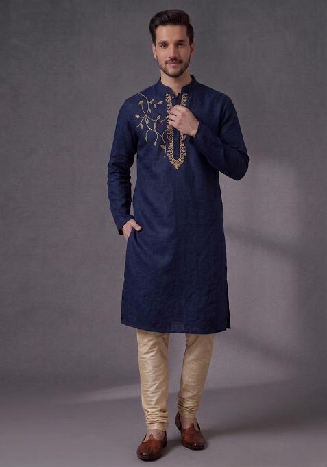 Blue Embroidered Dupion Pyjama Set For Men