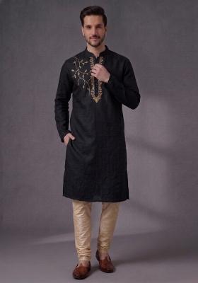 Black Embroidered Dupion Pyjama Set For Men