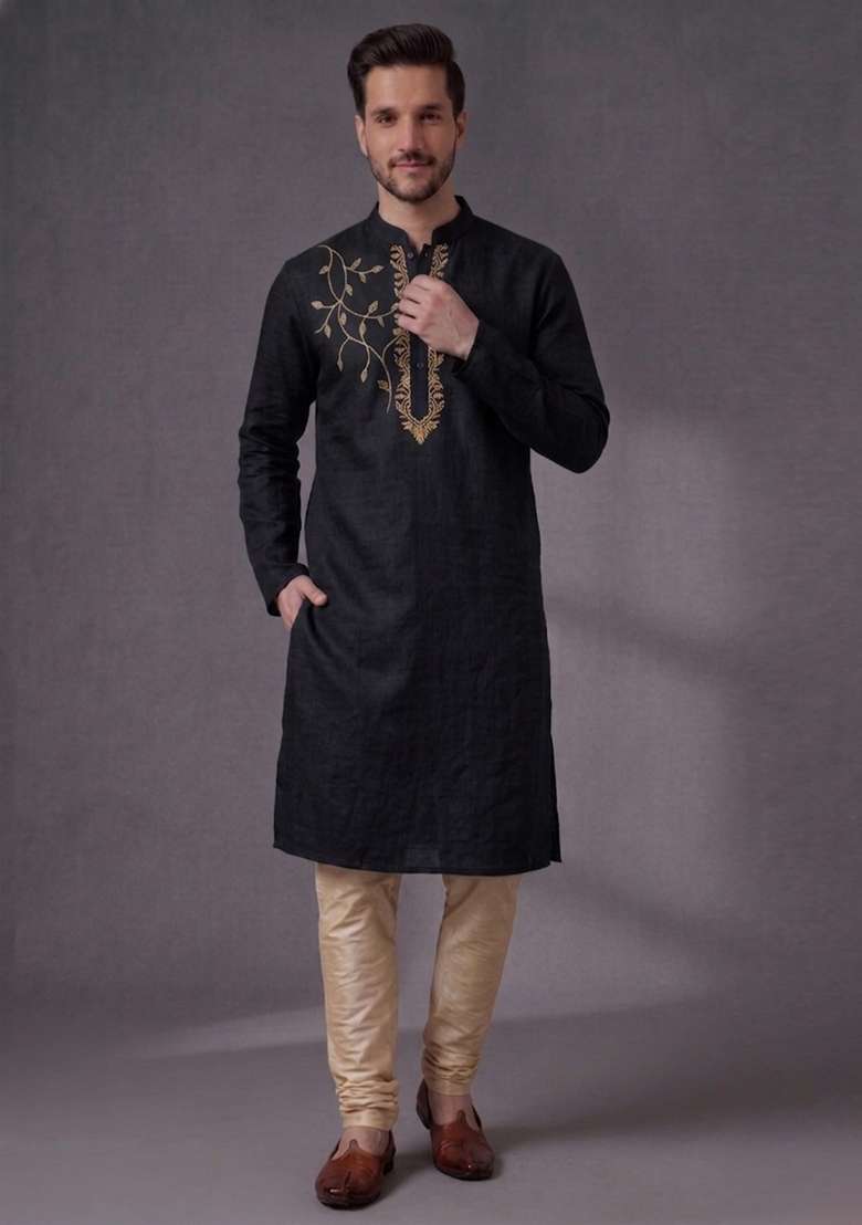 Black Embroidered Dupion Pyjama Set For Men - Indya