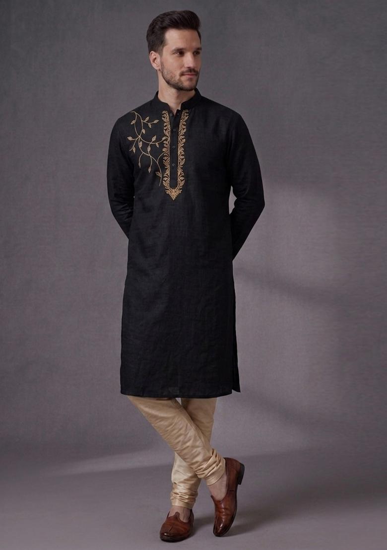Black Embroidered Dupion Pyjama Set For Men - Indya