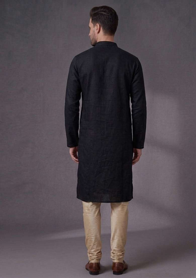 Black Embroidered Dupion Pyjama Set For Men - Indya