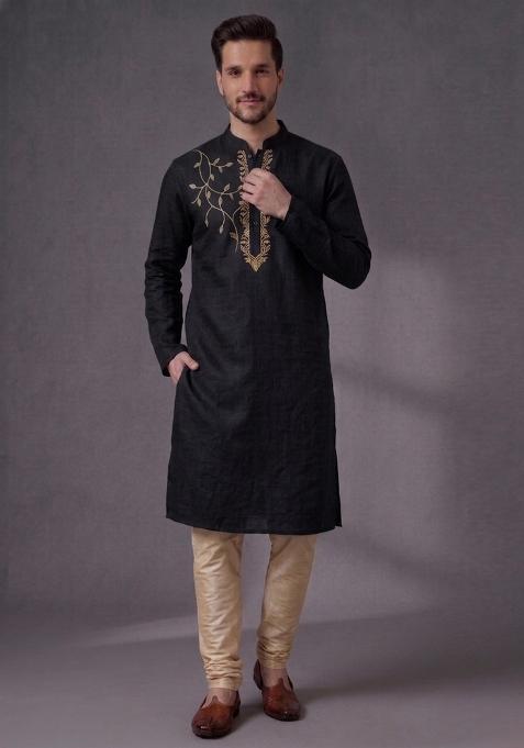 Black Embroidered Dupion Pyjama Set For Men