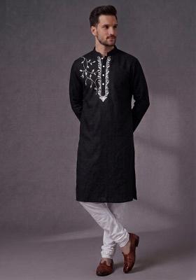Black Embroidered Dupion Pyjama Set For Men
