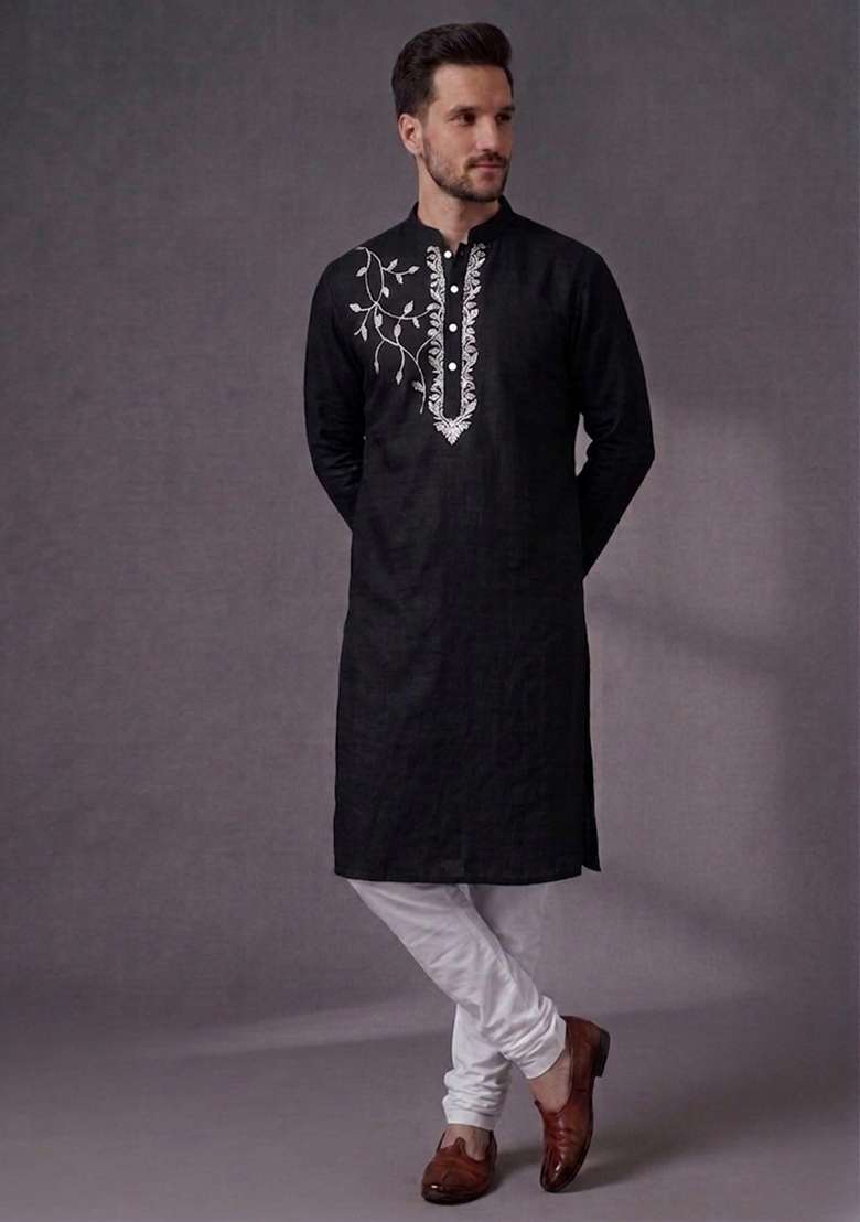Black Embroidered Dupion Pyjama Set For Men - Indya