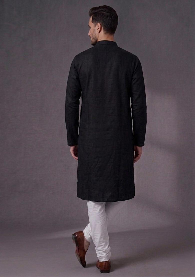 Black Embroidered Dupion Pyjama Set For Men - Indya