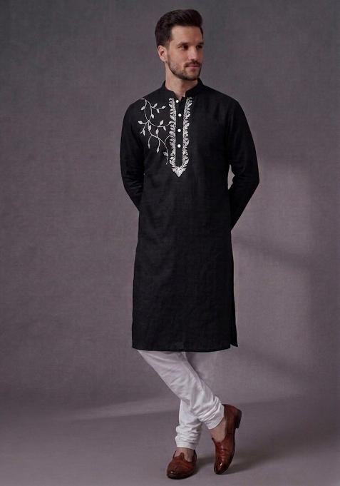 Black Embroidered Dupion Pyjama Set For Men