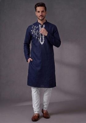 Blue Embroidered Dupion Pyjama Set For Men
