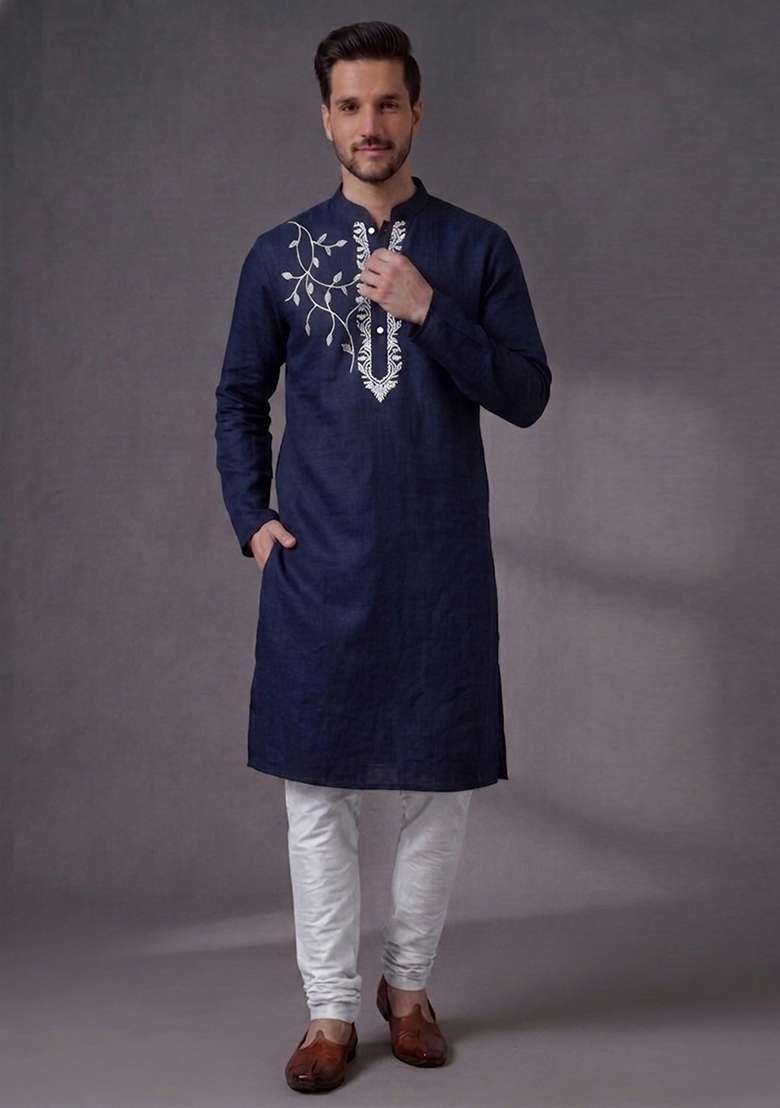 Blue Embroidered Dupion Pyjama Set For Men - Indya