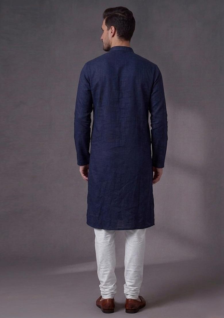 Blue Embroidered Dupion Pyjama Set For Men - Indya