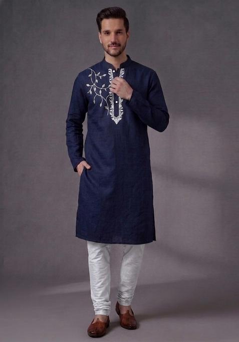 Blue Embroidered Dupion Pyjama Set For Men