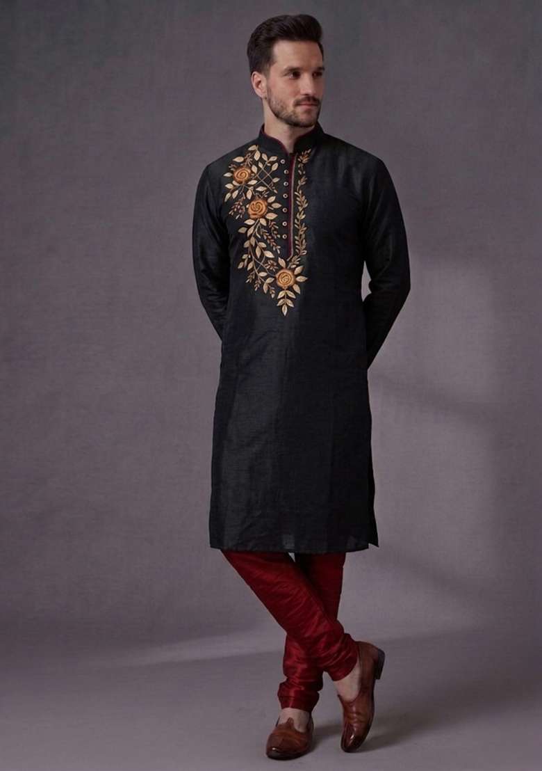 Black Embroidered Dupion Pyjama Set For Men - Indya