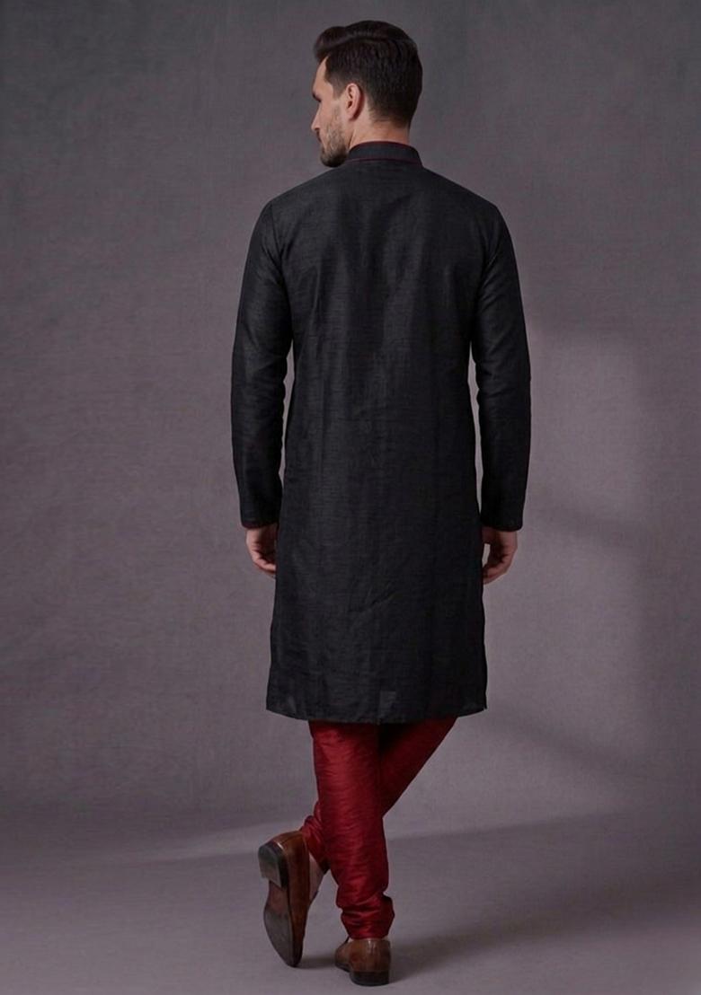 Black Embroidered Dupion Pyjama Set For Men - Indya