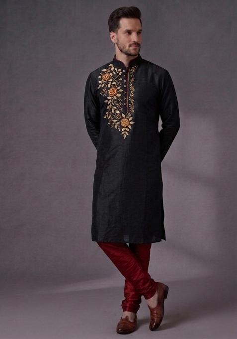 Black Embroidered Dupion Pyjama Set For Men