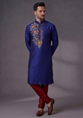 Blue Embroidered Dupion Pyjama Set For Men