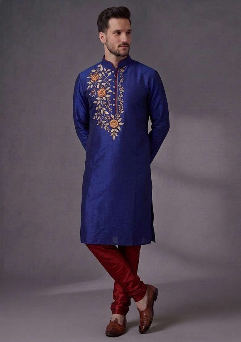 Blue Embroidered Dupion Pyjama Set For Men - Indya