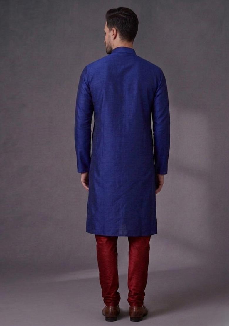 Blue Embroidered Dupion Pyjama Set For Men - Indya