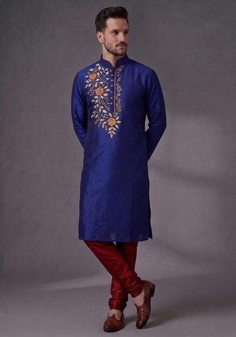 Blue Embroidered Dupion Pyjama Set For Men