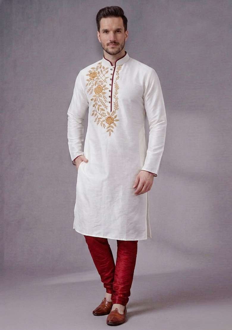 White Embroidered Dupion Pyjama Set For Men - Indya
