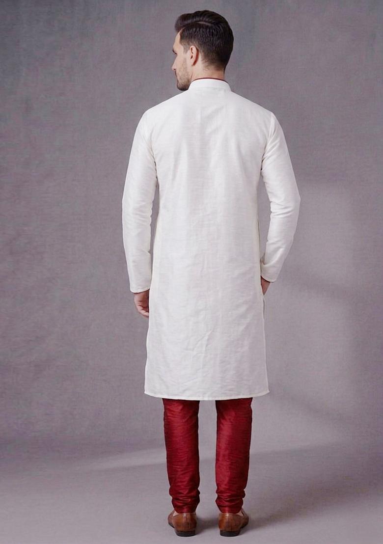 White Embroidered Dupion Pyjama Set For Men - Indya