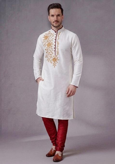 White Embroidered Dupion Pyjama Set For Men