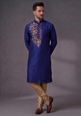 Blue Embroidered Dupion Pyjama Set For Men