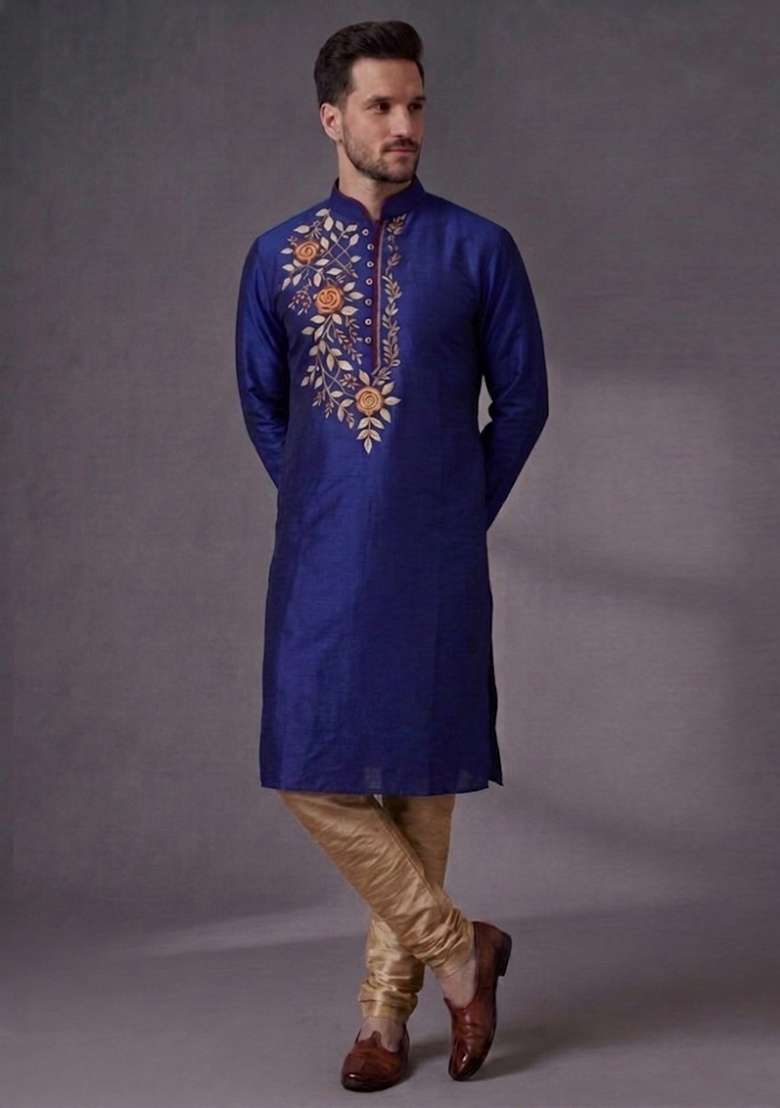 Blue Embroidered Dupion Pyjama Set For Men - Indya