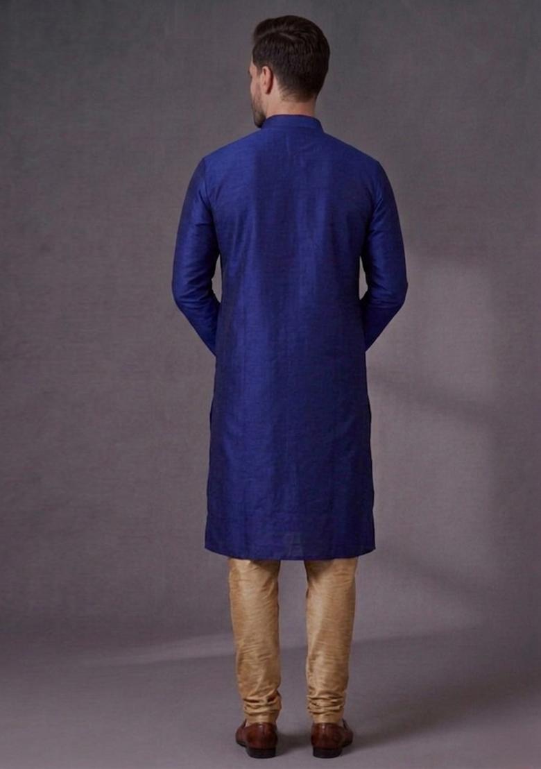 Blue Embroidered Dupion Pyjama Set For Men - Indya