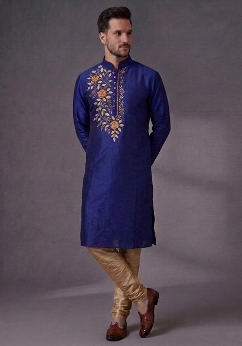 Blue Embroidered Dupion Pyjama Set For Men