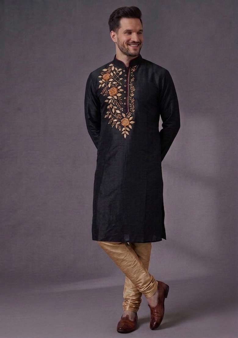 Black Embroidered Dupion Pyjama Set For Men - Indya