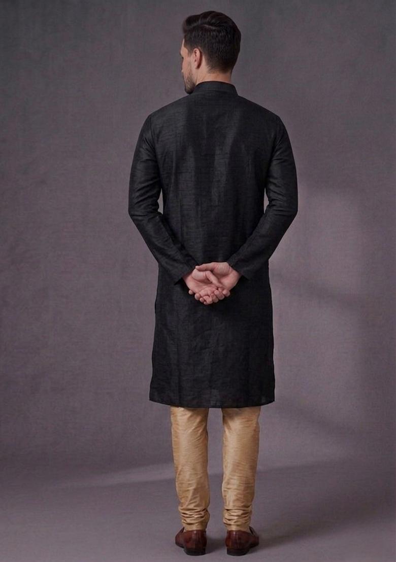 Black Embroidered Dupion Pyjama Set For Men - Indya